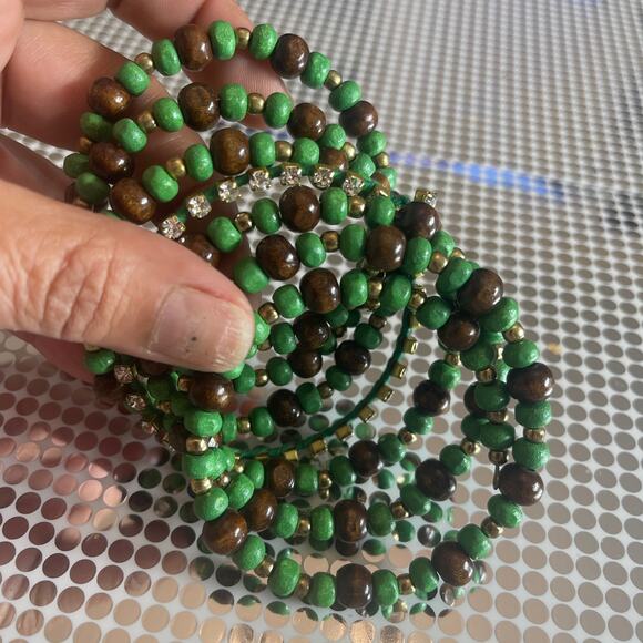 Vintage Memory Wire Bangle Bracelet Wrap Wooden Beaded Rhinestones B#14 - Picture 4 of 9